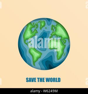Environment Eco friendly concept in paper cut style. World earth day 22 April. Origami made Earth with curving world map with shadow. Stock Vector
