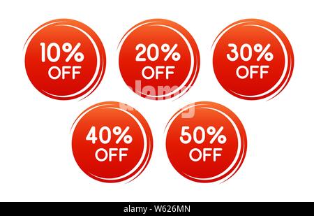 Vector round discount label for sales with different percents. Set of Red Sale stickers. Well separated from the background. Background can be changed Stock Vector