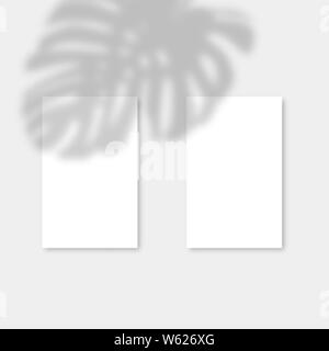 Mockup Vertical business Card Mockup with realistic shadows overlays monstera leaf. Vector Shadow Of A Tropical Plant. Template Flyer, Card, blank, social media post, logo in a minimal trendy style Stock Vector