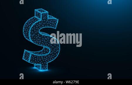 Dollar symbol low poly design, currency of american in polygonal style, finance, money sign wire frame vector illustration made from points and lines Stock Vector