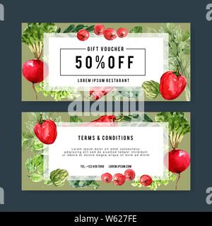 gift voucher vegetable watercolor paint collection. Fresh food organic healthy design illustration Stock Vector