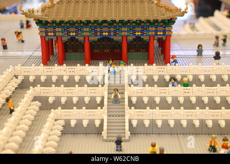 View of the model of the Palace Museum, also known as the Forbidden City, made with made of Lego blocks on display in Shanghai, China, 5 October 2018. Stock Photo