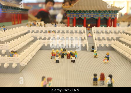 View of the model of the Palace Museum, also known as the Forbidden City, made with made of Lego blocks on display in Shanghai, China, 5 October 2018. Stock Photo