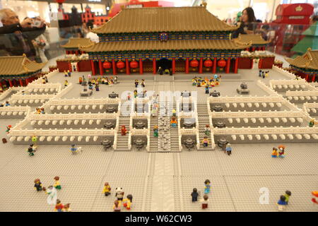 View of the model of the Palace Museum, also known as the Forbidden City, made with made of Lego blocks on display in Shanghai, China, 5 October 2018. Stock Photo