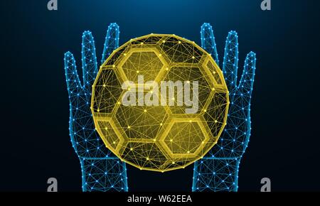 Hands and soccer ball low poly design, football, sports game in polygonal style, catch or throw the ball wireframe vector illustration made from point Stock Vector