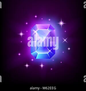 Rectangular blue shining gemstone with magical glow and stars on dark background vector illustration. Stock Vector