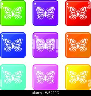 Butterfly with abstract patterning on wings icons set 9 color collection Stock Vector