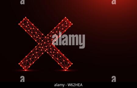 Cross mark low poly design, delete symbol in polygonal style, letter x wireframe vector illustration made from points and lines on dark red background Stock Vector