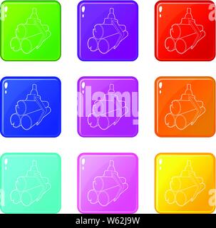 Hydraulic crane with log icons set 9 color collection Stock Vector