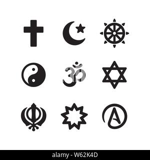 Icon set of religious symbols. Christianity, Islam, Buddhism, other main world religions and Atheism sign, simple and modern minimal style. Vector pic Stock Vector