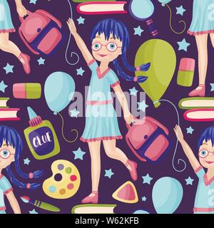 Seamless vector school pattern. Student with book, bag, ballon, eraser and glue. Stock Vector