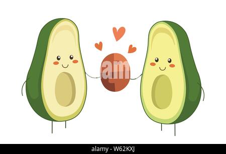 Avocado couple in love. Two avocado halves holding two pieces of jigsaw connecting couple puzzle. Valentine Day vector cartoon fruit character with Stock Vector