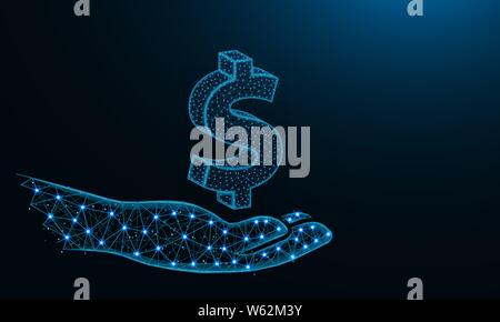 Hand holding a dollar symbol low poly design, invest or borrow money in polygonal style, financial insurance wireframe vector illustration made from p Stock Vector