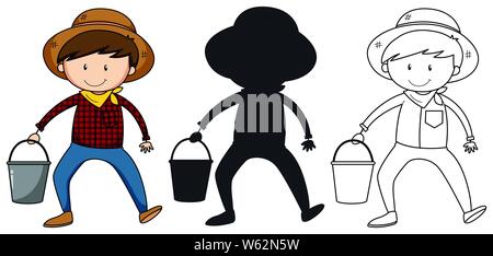 A set of characters in color, silhouette and outline illustration Stock Vector