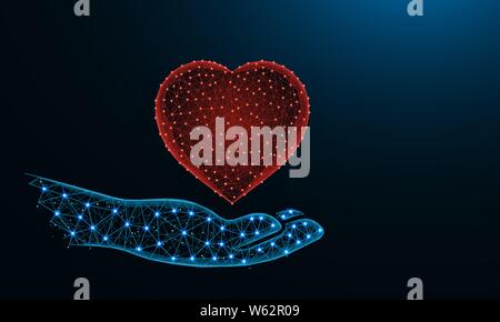 Human hand and a heart symbol low poly design, valentine in polygonal style, love wireframe vector illustration made from points and lines on dark blu Stock Vector