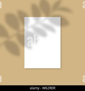 Vertical A4 Paper Mockup with realistic shadows overlays leaf. Vector Shadow Of A Tropical Plant. Template Flyer, Poster, blank in a modern style Stock Vector