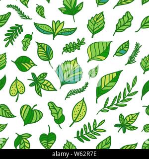 Seamless pattern Green leaf hand drawn texture isolated on white background. Eco surface design Stock Vector