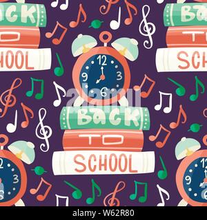 Seamless vector school pattern. Back to school illustration n a flat style with books, alarm clock and musical notes Stock Vector