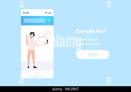 man wearing 3d glasses holding controller guy experiencing virtual reality through headset augmented digital technology concept smartphone screen Stock Vector
