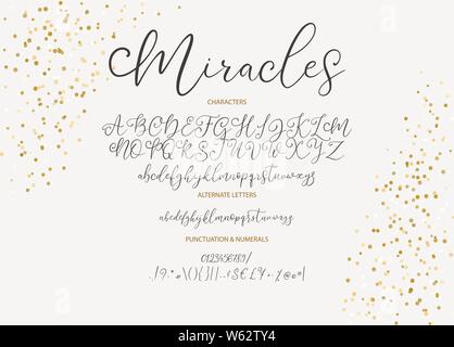 Hand drawn vector alphabet ABC font with letters, numbers, symbols. For calligraphy, lettering, hand made quotes. Stock Vector