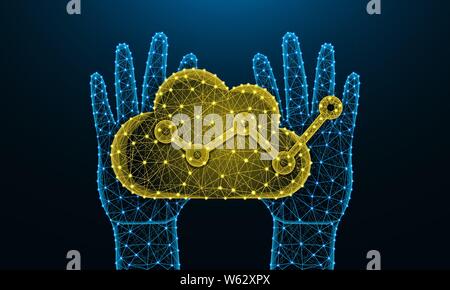 Human hands and cloud analytics low poly design, football, data analysis in polygonal style, graph wireframe vector illustration made from points and Stock Vector