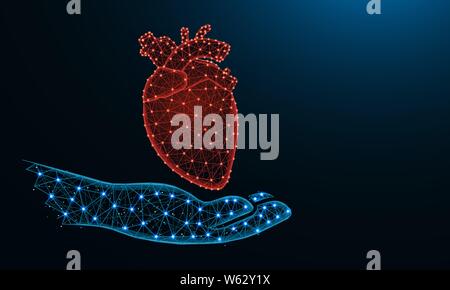 Hand and human heart low poly design, human organ donor in polygonal style, cardiology wireframe vector illustration made from points and lines on dar Stock Vector
