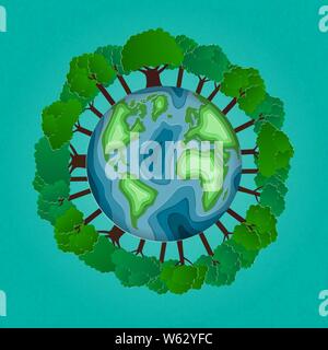 Environment Eco friendly concept in paper cut style. World earth day 22 April. Origami made Earth with curving world map with shadow and tree. Stock Vector