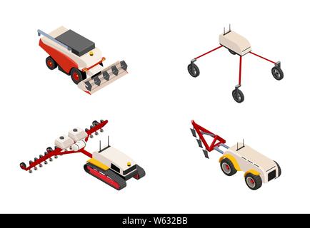 Agriculture automation smart farming trucks, autonomous driverless tractor, harvester and robot. Collection with isolated images. Stock Vector