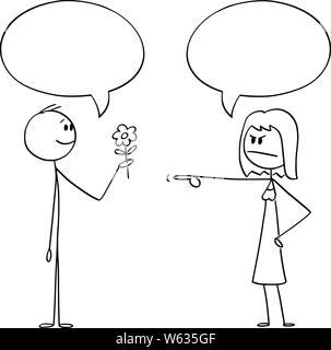 Vector cartoon stick figure drawing conceptual illustration of romantic man holding flower and giving it to angry woman. Both are saying something and have empty speech bubble or balloon above. Stock Vector