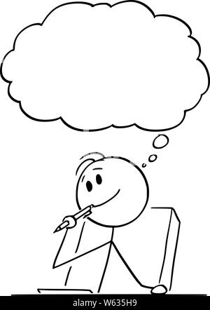 Vector cartoon stick figure drawing conceptual illustration of creative man or businessman or writer thinking about something, with ballpoint pen in mouth and piece of paper on the table. Stock Vector