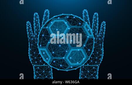 Hands and soccer ball low poly design, football, sports game in polygonal style, catch or throw the ball wireframe vector illustration made from point Stock Vector