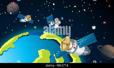 Satellites around earth scene illustration Stock Vector