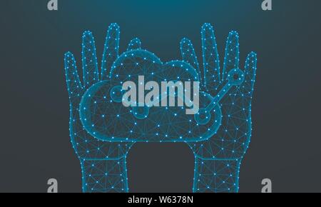 Human hands and cloud analytics low poly design, football, data analysis in polygonal style, graph wireframe vector illustration made from points and Stock Vector
