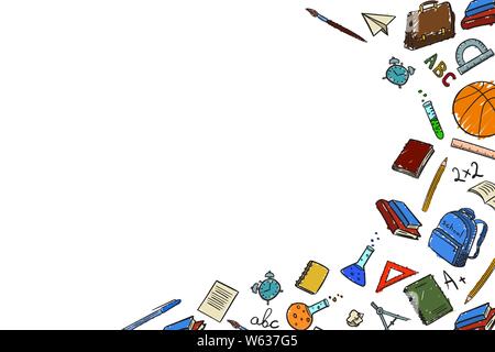 Frame with place for text with school elements on return to school on the first of September in the doodle style of hand-drawing in color. Vector illu Stock Vector