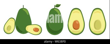 Set of vector elements isolated on white background. Whole and cut in half avocado with pit Stock Vector
