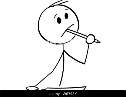 Vector cartoon stick figure drawing conceptual illustration of creative man or businessman or writer thinking about something, with ballpoint pen in mouth and piece of paper on the table. Stock Vector