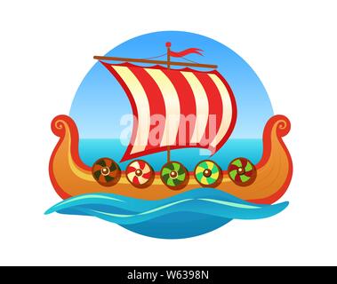 Vector emblem for Travel Agency in Scandinavia. Logo with Medieval Scandinavian longboat Drakkar. Excursions on the sea. Stock Vector