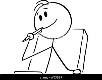 Vector cartoon stick figure drawing conceptual illustration of creative man or businessman or writer thinking about something, with ballpoint pen in mouth and piece of paper on the table. Stock Vector