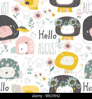 Seamless pattern with cute lions and flowers on white background Stock Vector