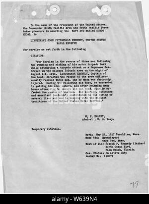 Citation Of Award Of Navy And Marine Corps Medal To John Fitzgerald Kennedy Signed By Admiral W F Halsey Undated Stock Photo Alamy