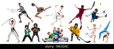 Creative collage of photos of 18 models. Advertising, sport, healthy lifestyle, motion, activity, movement concept. American football, soccer, tennis volleyball box badminton rugby Stock Photo