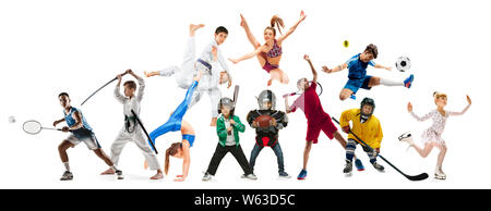 Creative collage of photos of 10 models. Advertising, sport, healthy lifestyle, motion, activity, movement concept. American football, soccer, tennis volleyball box badminton rugby Stock Photo