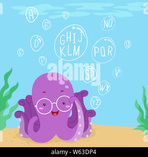 Illustration of an Octopus Under the Ocean with Bubbles with the Letters of the Alphabet Stock Photo