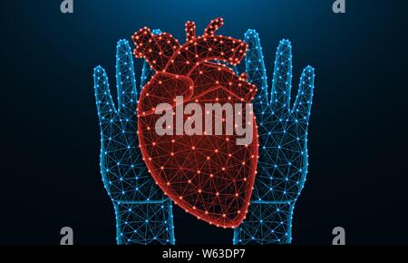 Hands and human heart low poly design, human organ in polygonal style, cardiology wireframe vector illustration made from points and lines on dark blu Stock Vector