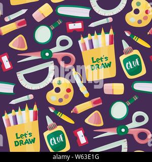 Seamless vector school pattern with color pencil, book, eraser, pen. Ruler, glue, marker, paints and magnifier on a dark blue background. Stock Vector