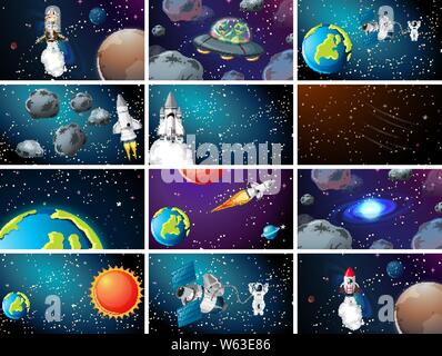 Large set of space scenes illustration Stock Vector