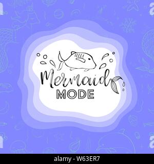 Typography design Mermaid mode. Seamless pattern with fantasy doodles of mermaid theme. Decorative background for kids girl textile. Stock Vector