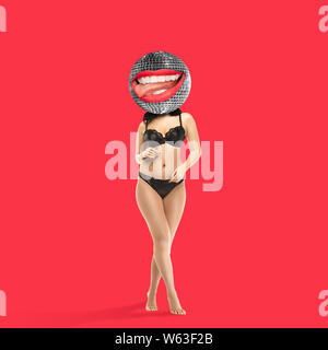 Woman's headed by discoball with the big female mouth on red background. Dance mood. Negative space to insert your text. Modern design. Contemporary art. Creative conceptual and colorful collage. Stock Photo