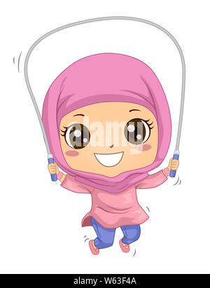 Illustration of a Muslim Kid Girl Wearing Hijab and Using the Jumping Rope Stock Photo
