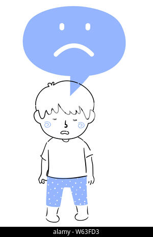 Illustration of a Sad Kid Boy Wearing Pajama and with a Blue Speech Bubble with a Sad Face Stock Photo